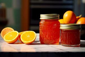 orange jam in a glass jar, fresh oranges on a gray concrete background. Generative AI content, photo