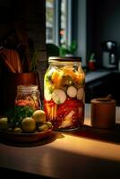 Jar of assorted brined lacto-fermented pickles on a wooden table with desaturated background. Generative AI content, photo