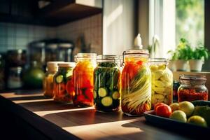 envase y fermentación de vegetales0s. en escabeche pepinos y Tomates en frascos en un brillante cocina cerca el ventana. generativo ai contenido, foto