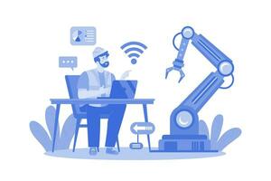 Man Controlling Factory Robot With Laptop vector