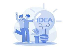 Two Guys Came Up With An Idea By Pointing At A Big Light Bulb vector