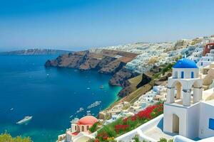 Landscape Mediterranean Santorini island, Greece . AI Generative Pro Photo