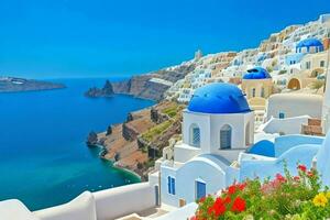 Landscape Mediterranean Santorini island, Greece . AI Generative Pro Photo