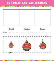 Learning sizes Cut and Paste easy activity worksheet game for children Christmas Theme vector