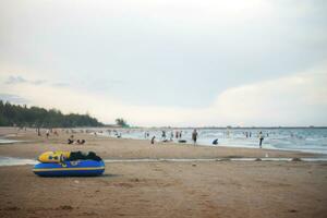 Banana boat on beach. photo