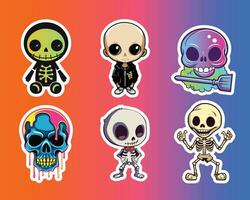 Six Funko Pop Style Skull Stickers on Colorful Gradient Background vector