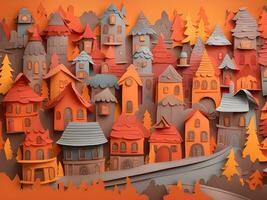 autumn landscape with orange trees, paper cut photo