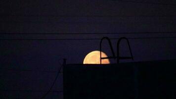 il Luna sorge contro il silhouette di il tetto costruzioni. notte industriale sfondo. video