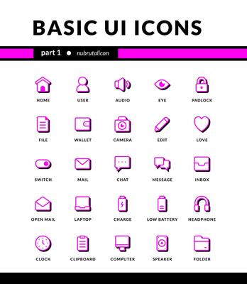 basic ui icons neubrutalism style for ui mobile interface essential collection set icons with shadow