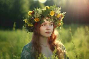 un joven mujer en un flor guirnalda en un bañado por el sol prado. fotorrealista imagen. ai generado. foto