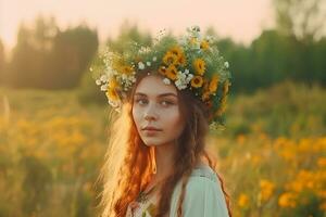 un joven mujer en un flor guirnalda en un bañado por el sol prado. fotorrealista imagen. ai generado. foto