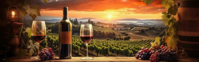 Banner of a beautiful sunset over wineyard with glasses and bottle of wine with red grapes in the front. Generative AI photo