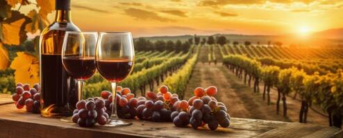 Viticulture banner with red wine bottle and glasses, grapes and sunset over wineyards. Generative AI photo