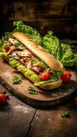 French baguette filled with chicken meat, leaf salad and tomatoes on a wooden cutting board. Generative AI photo