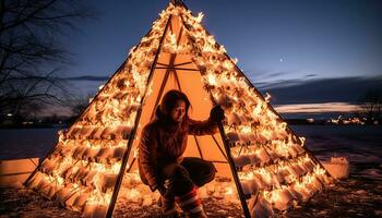 Arctic Night Illuminated by Yellow Auroras and Snow Blanket AI generated photo