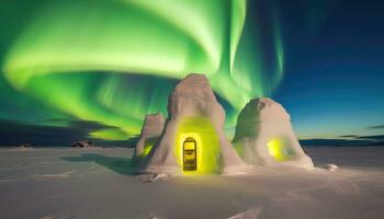 ártico noche iluminado por amarillo auroras y nieve cobija ai generado foto