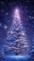 Illustrated illuminated Christmas tree in the snowy nature with white lights and dark blue surroundings. Generative AI photo
