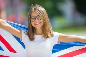 Happy girl tourist walking in the street with great britain flag photo