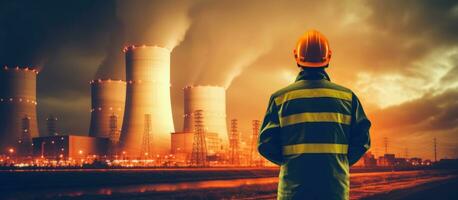 Worker in safety jacket and helmet looks at the nuclear power plant with steaming cooling towers. Generative AI photo