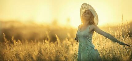 Happy young woman on the sunset or sunrise in summer nature with open hands photo