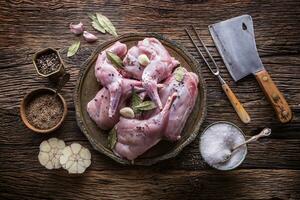 Portioned rabbit ready for heat treatment, grilling or baking. photo