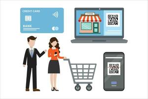 contactless payment illustration of man and woman shopping online with smart phone vector