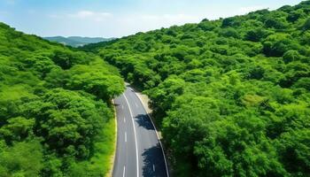 curvo la carretera mediante vibrante verde bosque ai generado foto