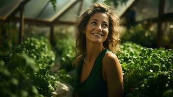 Beautiful young woman in a greenhouse or conservatory with green plants. Concept farming natural eco environmentally friendly products photo