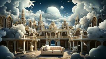 Fictional fairytale abstract library with books. Concept fantasy creativity study and education photo