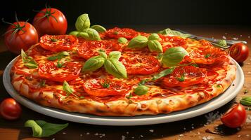 delicioso italiano Pizza con pepperoni y Tomates foto