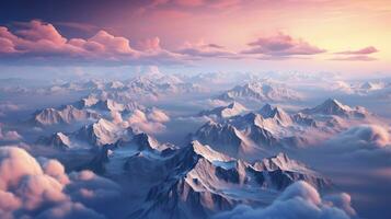 montaña picos con nieve picos con rosado nubes a puesta de sol ver desde encima foto