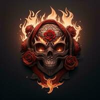 fire mascot skull head and rose, esport game logo, banner, logo. AI generated photo