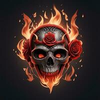 fire mascot skull head and rose, esport game logo, banner, logo. AI generated photo