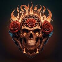 fire mascot skull head and rose, esport game logo, banner, logo. AI generated photo