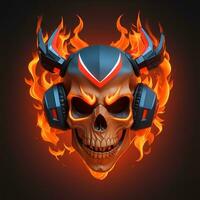 fire skull head wearing gamer head set, esport gaming mascot and logo, AI generated photo