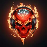 fire skull head wearing gamer head set, esport gaming mascot and logo, AI generated photo