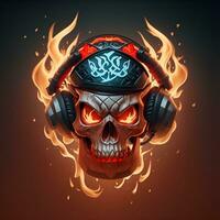 fire skull head wearing gamer head set, esport gaming mascot and logo, AI generated photo