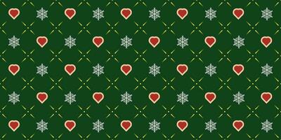 Seamless pattern white hearts, stars and snowflakes on green background. Christmas background vector illustration. Repeated background for wrapping paper, textile, fabric, banner, poster.