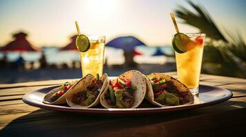 Delicious tacos with drink on the table AI Generative photo