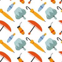 Different umbrellas seamless pattern. Cartoon style autumn umbrellas open and folded pattern on white background vector