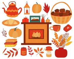 Bundle of autumn flat elements. Cozy design elements vector set. Cute fireplace, kettle, basket with maffins, bouquet with autumn leaves, croissant, books, outdoor light and pumpkins.