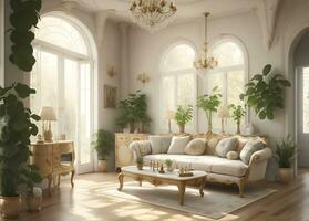 Living room with sofa and wooden floor, AI generated. photo