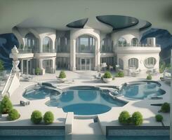 Luxurious house with ornate swimming pool, AI generated photo