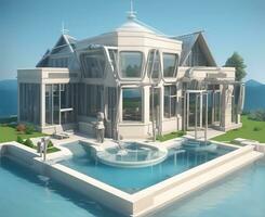 lujoso casa con florido nadando piscina, ai generado foto