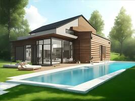 realistic 3D architectural project of a small house with a swimming pool with hydromassage, AI generated photo