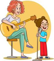 vector illustration of woman playing guitar and singing kids