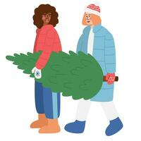 Women in a coat and boots carries a Christmas tree in them hands. Festive winter concept. Vector illustration in simple style