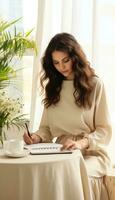 Woman Writing in Spiral Notebook in Modern Beige Room with Plants AI generated photo