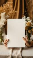 mujer escritura en espiral cuaderno en moderno beige habitación con plantas ai generado foto