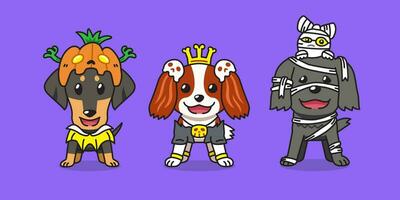 Vector cartoon cute dogs with halloween costumes